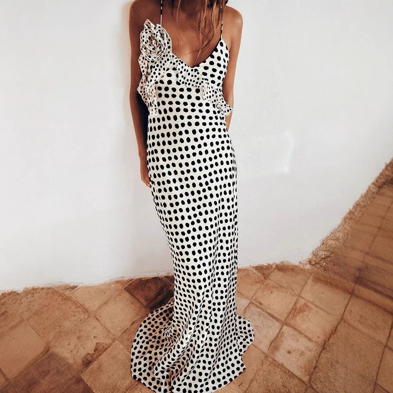 European and American Style Fashion Sexy Backless V Neck Printed Polka Dot Flower Ladies Long Skirt Suspender Evening Dress Autum Tight