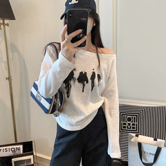 斜领露肩长袖打底衫女2025新款秋季女装韩版短款褶皱印花上衣女潮