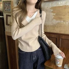 设计感V领假两件针织衫毛衣女春秋季2025新款内搭长袖打底衫上衣