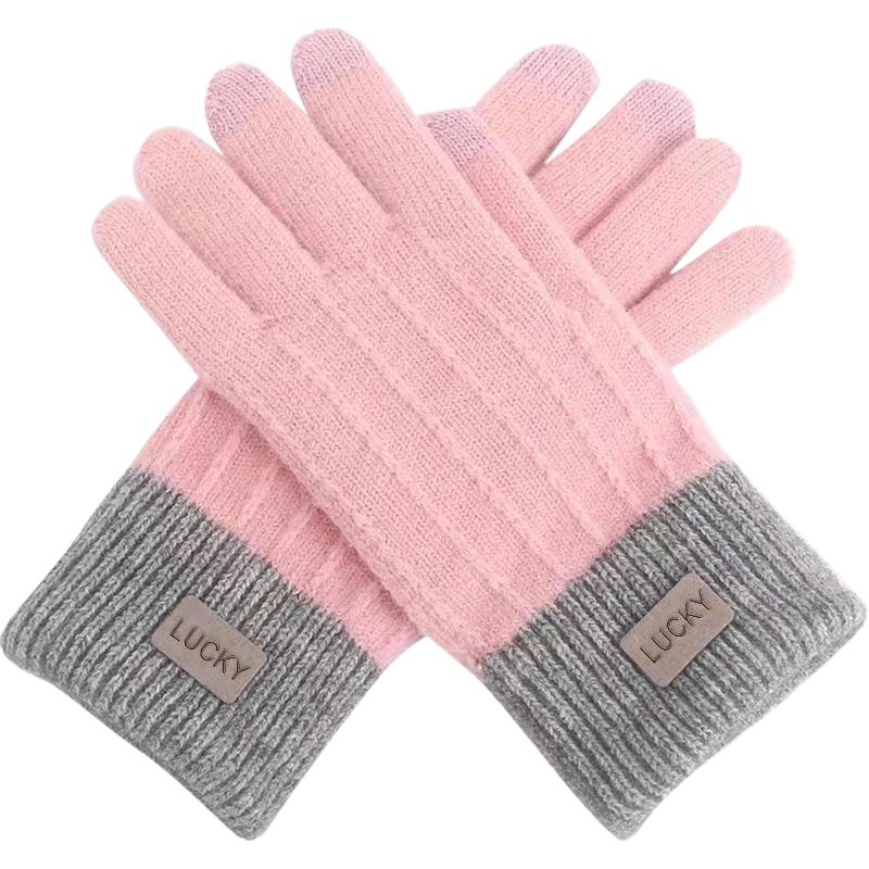 Guantes de pantalla táctil de invierno femenino Lindo estilo coreano forrado de lana de punto grueso de cinco dedos montando invierno cálido estudiante a prueba de frío