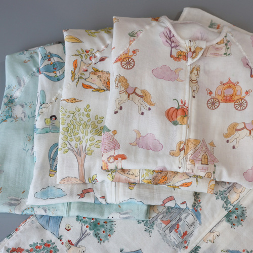 Summer digital printed double-layer three-quarter sleeve bamboo cotton split-leg sleeping bag children's jumpsuit seamless splicing children's sleeping bag