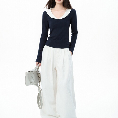 Navy blue doll-neck long-sleeve top autumn slim upright shoulder large neckline T-shirt with base inside