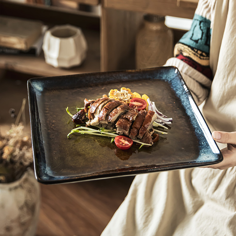 Plato de cerámica cuadrada de horno japonés, plato de sushi japonés creativo, plato de restaurante, plato de platos vintage casero