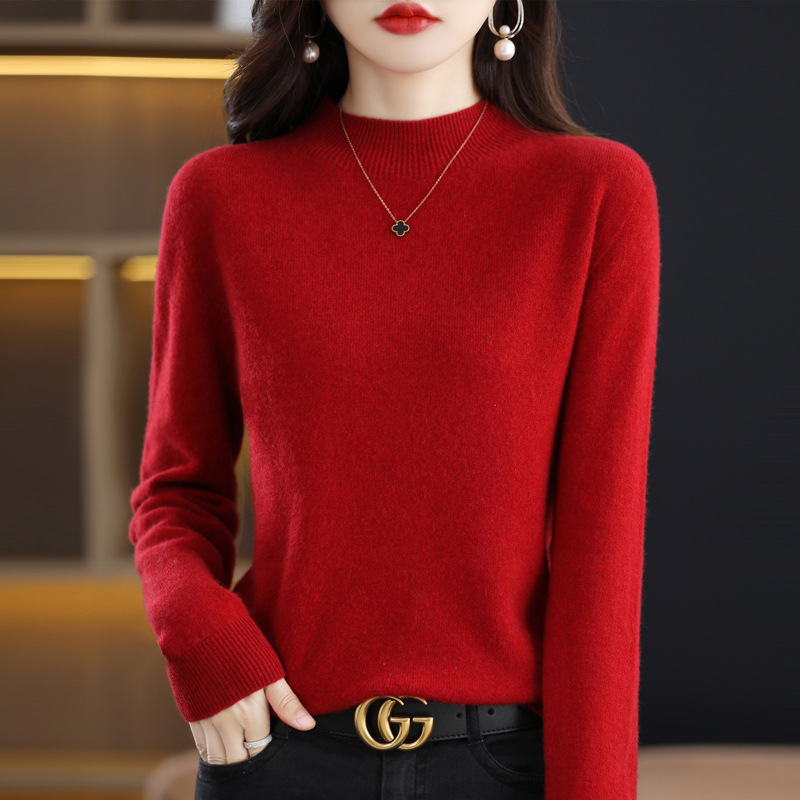 Ropa de primera línea medio cuello alto 100 suéter de lana pura suéter de color sólido de las mujeres camisa de fondo de punto del todo fósforo