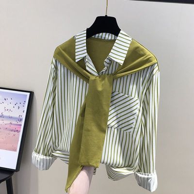 2022 Autumn new pattern Korean Edition stripe False two Trend fashion Easy Versatile jacket Europe and America