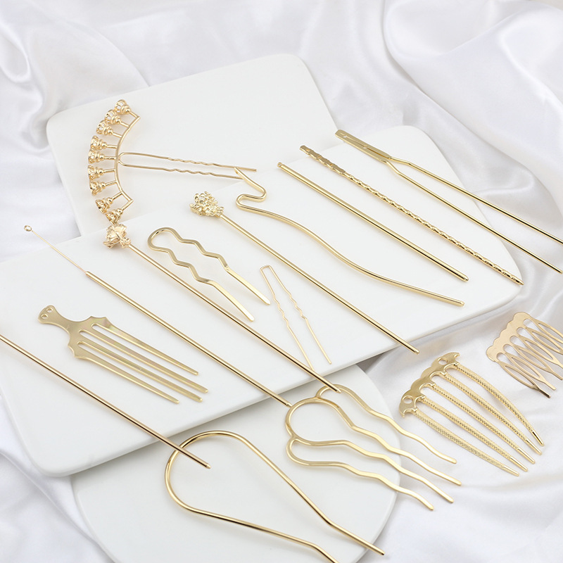 Electrophoretic Color-retaining Pure Copper U-shaped Hairpin Hair Comb Hair Hairpin Body diy Antique Headwear Step Tassel Jewelry Accessories