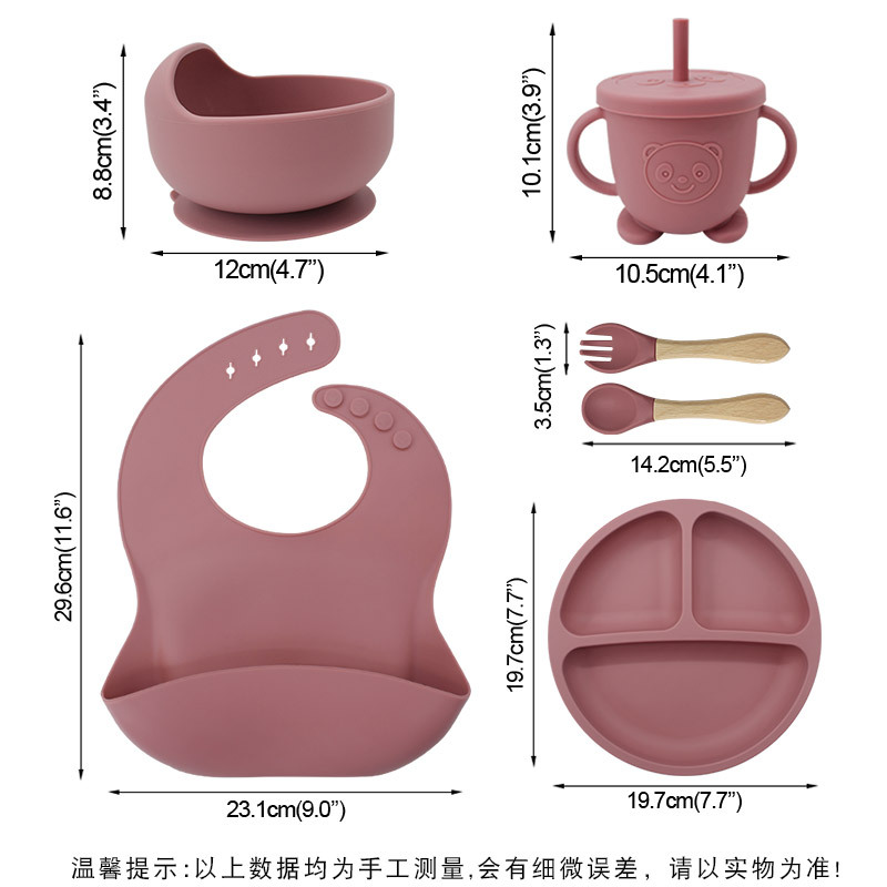 Vajilla de silicona para niños Juego de 6 piezas de silicona para bebés Tazón de alimentos complementarios separados Cuchara tenedor Taza para aprender a beber Juego de vajilla para madres y bebés