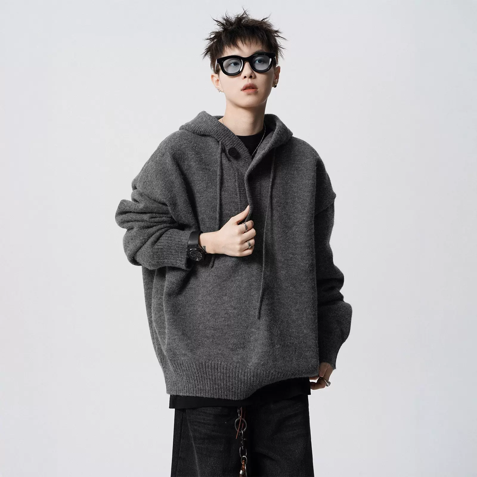 高街纯色连帽针织衫男款秋季美式cleanfit连帽卫衣高级感痞帅毛衣