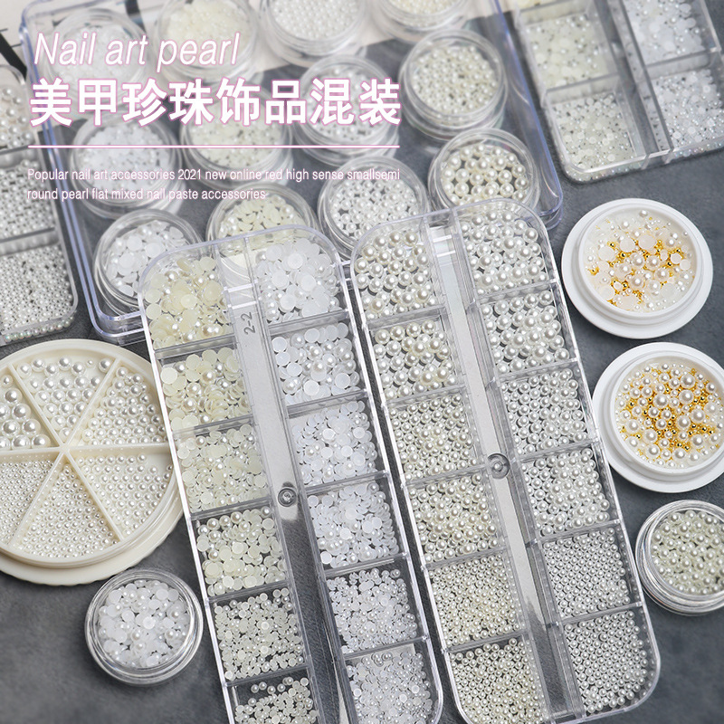Estilo japonés todo partido Manicura en caja joyería de perlas semicírculo plana tridimensional tamaño redondo mezclado uñas DIY Decoración