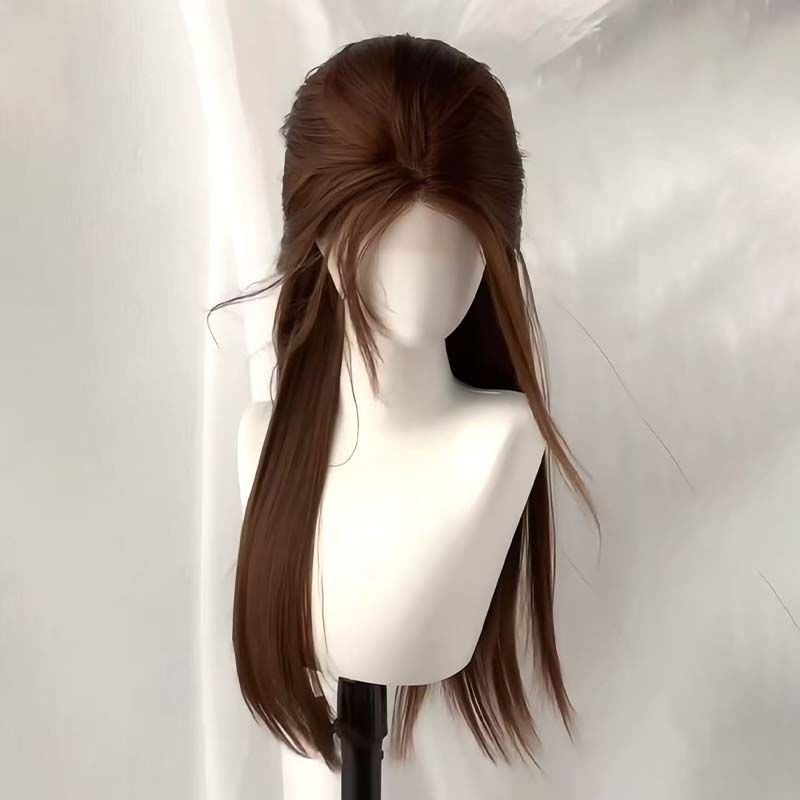 Connie-pruik [Xu Yan-stijl] Dames realistisch elegant middendeel lang steil haar voor dagelijks gebruik karamel warm bruin