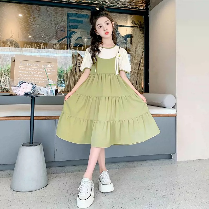 Girls Fake Two-piece dress Summer New Sweet Casual Art Princess Dress Big Kids Girls Summer Dress