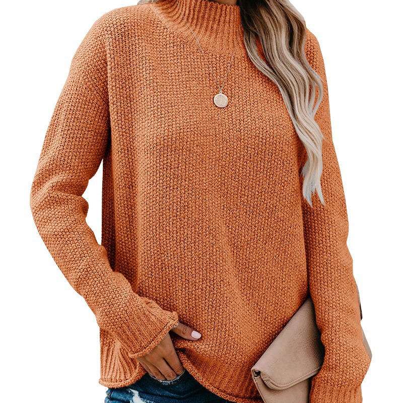 跨境2023亚马逊高领纯色女式毛衣休闲时尚套头长袖中款打底衫上衣
