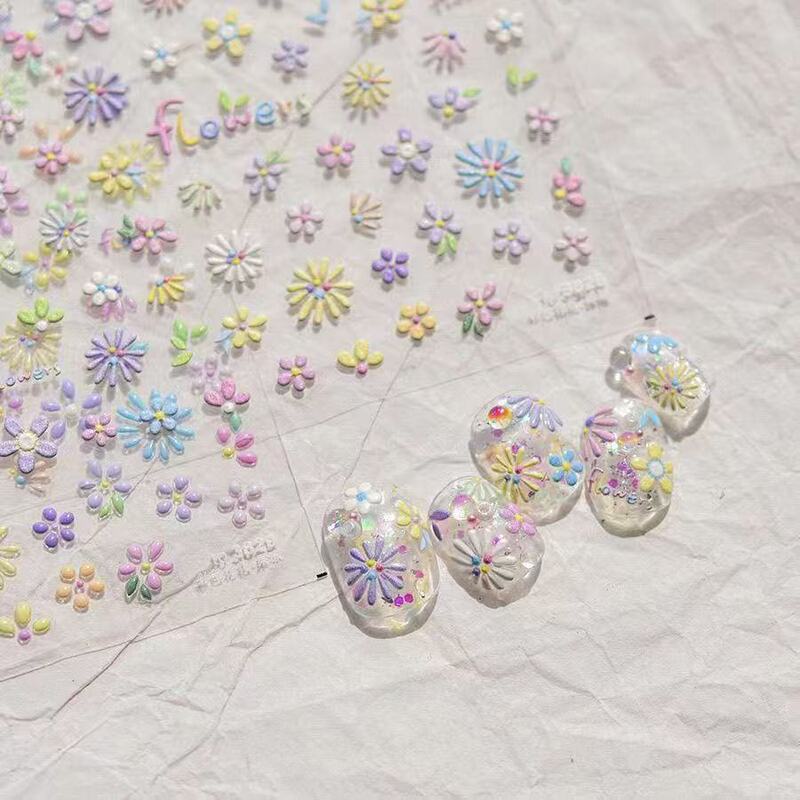 New Colorful Flower Nail Stickers with Three-Dimensional Relief, Summer Heart and Snowflake Pattern Decals for Nails