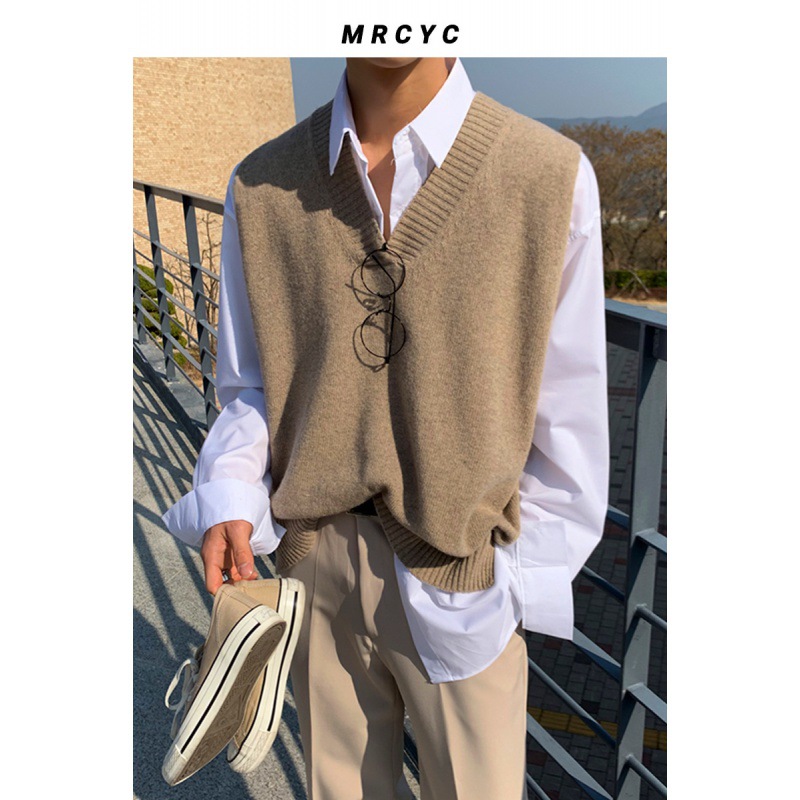 MYQ Chaleco de punto de color sólido de los hombres de primavera y otoño estilo coreano de moda personalizada con cuello en V suéter chaleco exterior chaleco Suelto