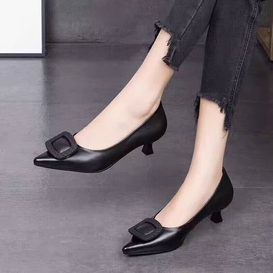 2023 Spring and Autumn New genuine leather stiletto heel single-layer shoes women's four seasons shoes pointed mid heel commuter women's shoes professional high heels