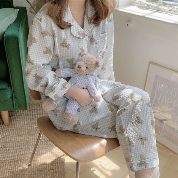 New plaid pajamas women's Japanese Korean-style cute long-sleeved spring and autumn home wear two-piece suit cross-border wholesale New plaid pajamas women's Japanese Korean-style cute long-sleeved spring and autumn home wear two-piece suit cross-border wholesale