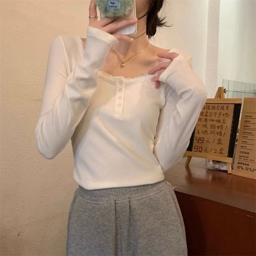 250g Comfort Fleece Lace Patchwork Button Round Neck T-shirt for Women Long Sleeve Slim Top