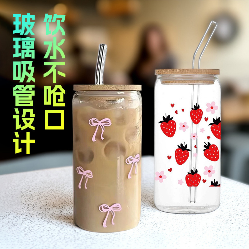 クロスボーダースポットかわいいプリントイチゴコーラカップ蝶プリントウォーターカップ高ホウケイ酸ガラスカップ卸売|undefined