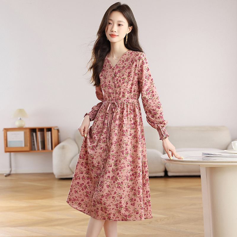长袖粉色碎花连衣裙女2025秋季法式高级感收腰过膝V字领中长裙子|undefined