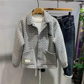 美式潮流个性条纹翻领加绒加厚夹克男士2024新款秋冬满版提花外套