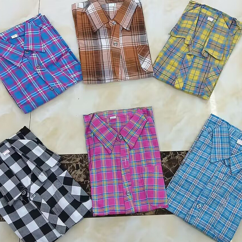 Plaid Open-Collar Long-Sleeved Shirt Loose Slim-Fit T-Shirt for Mother Middle-Aged and Elderly Women's Summer Dress Large Size Cotton Top