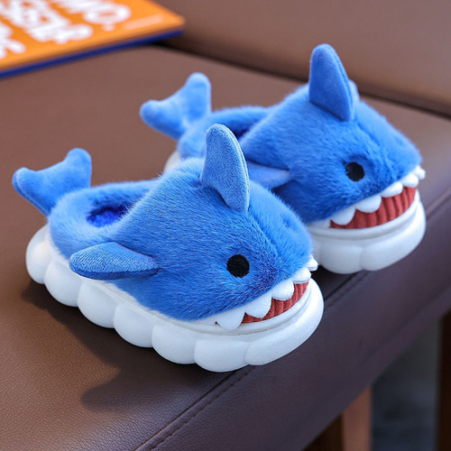 Children's cotton slippers are waterproof in autumn and winter, home indoor non-slip for boys, cute shark babies, children's fluffy shoes