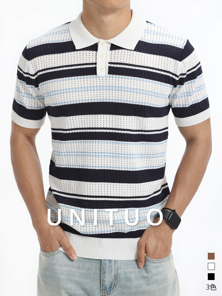 Polo de hielo de punto para hombres, rayas de contraste huecas transpirables, mangas cortas, ligeras, comerciales, casuales, alto nivel, Paul para hombres