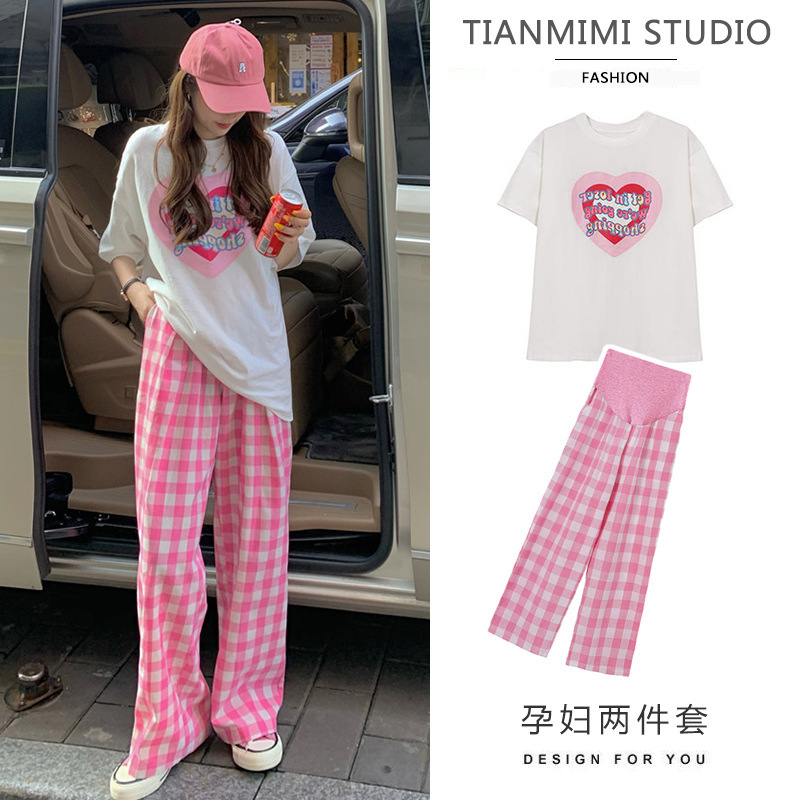 Pregnant Women's Top Love T-Shirt Pink Checkerboard Pants Pregnant Women's Suit