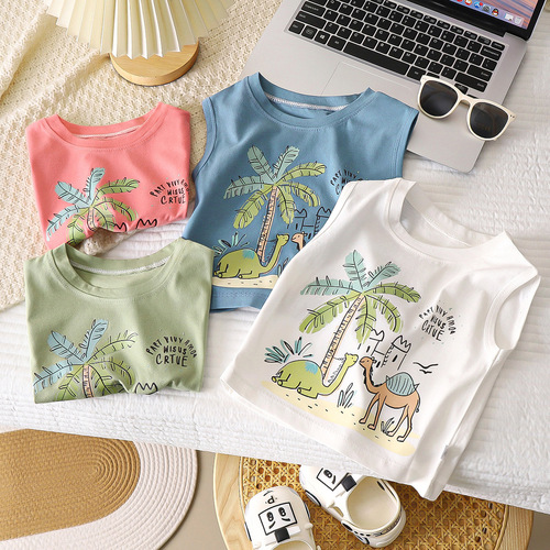Boys 'pure cotton vest summer children simple loose sleeveless T-shirt hot stamping top outer wear T-shirt manufacturer