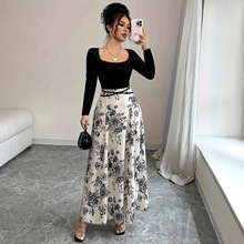 2025欧美跨境外贸 秋季新款TEMU热销黑白撞色大摆连衣裙