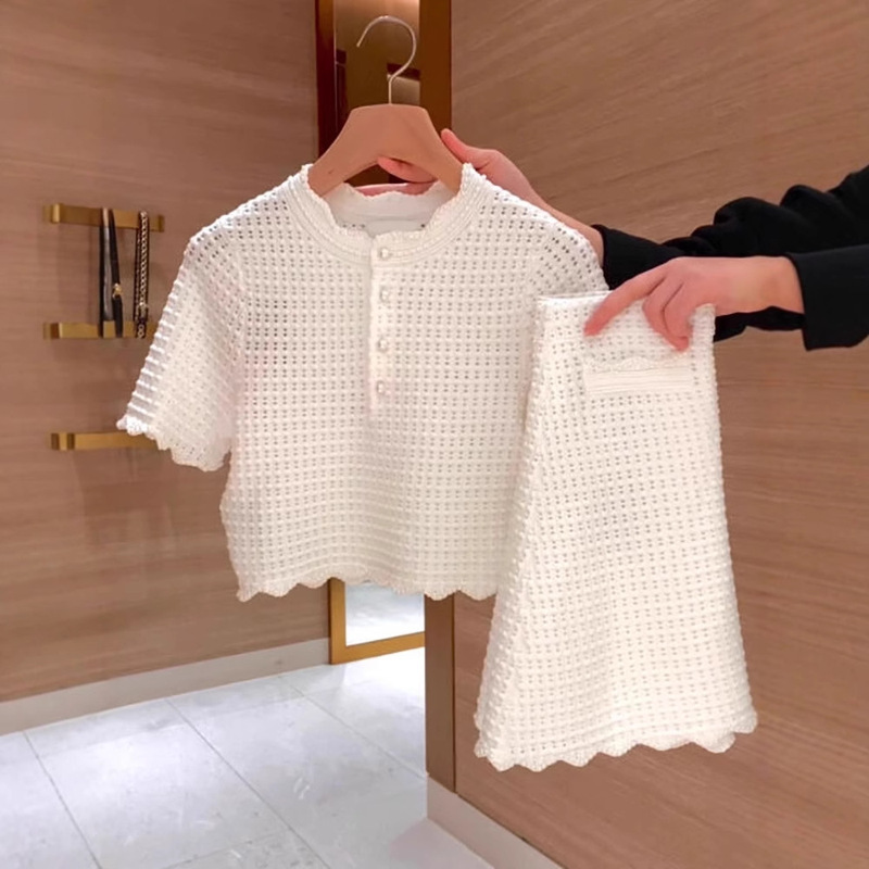 [Dropshipping] French Style Suit Skirt for Women, Summer Dress with a Complete Set of Pearl Collar Cut Out Knitwear