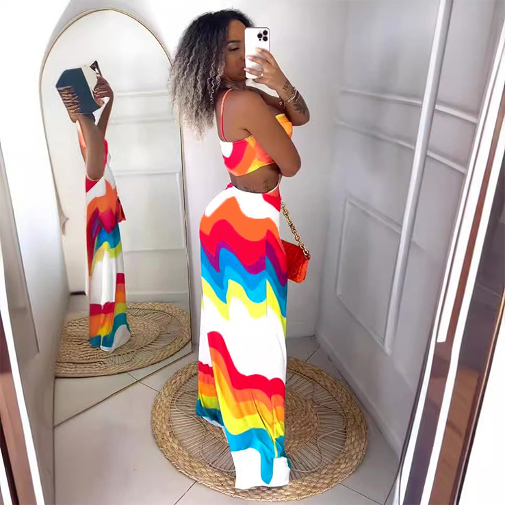 427g Weight Maxi Long Dress Dress Length Type Sleeveless Sleeve Length Two Piece Dress Dresses Type Polyester Fabric Type High Waist Waist Line Holiday Occasion Strap Neckline Slim Fit Type Color Block Pattern Summer Season Women's Gender Streetwear Style Wholesale Women's Streetwear Color Block Holiday Strap Sleeveless Two Piece Dress 2