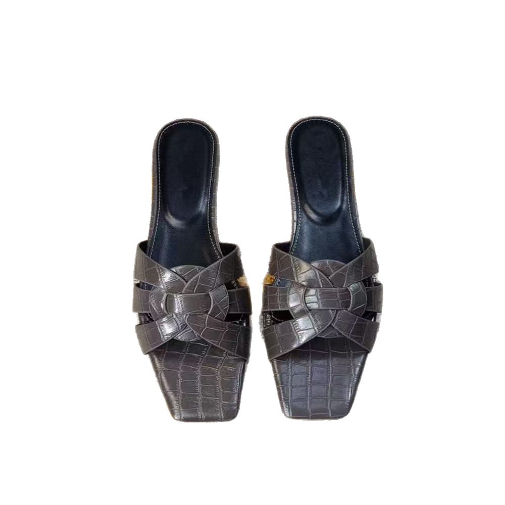 Cross-Border 2026 Summer Fashionable Genuine Leather Casual Flat Woven Versatile One-Strap Large Size Women's Slippers_voghion.com