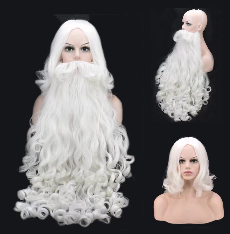 Cos Santa Claus Beard Full Set Christmas Wig Long Curly Beard White Old Man One Piece Dropshipping Wholesale Spot
