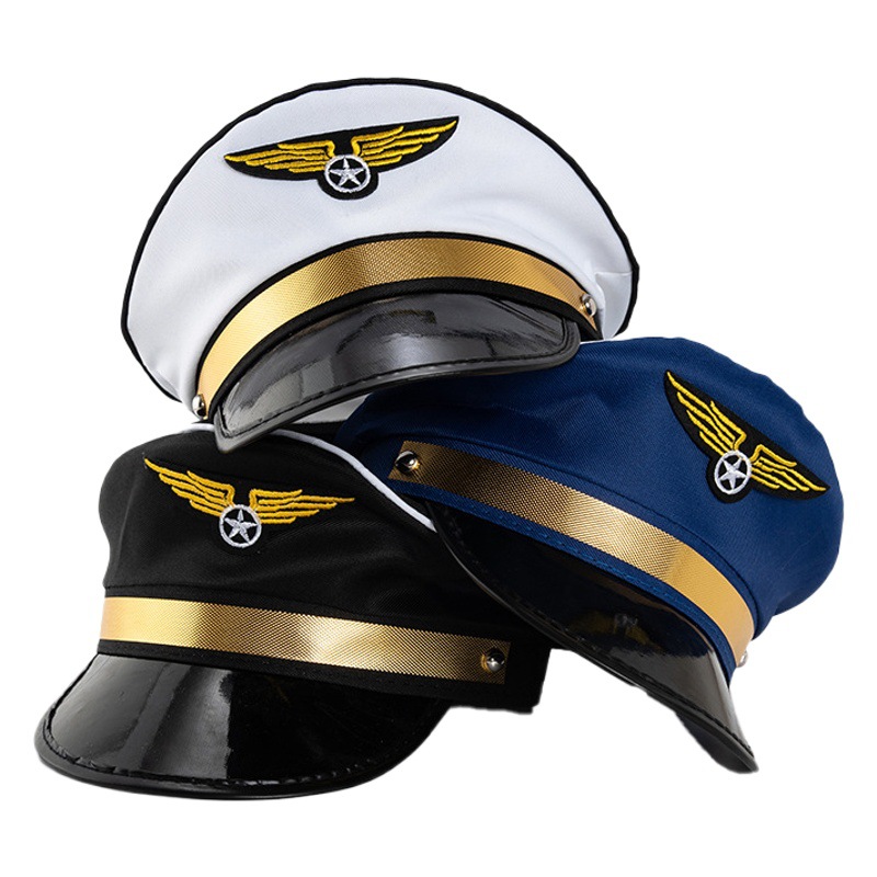 Men's Flat-Top Military Hat, Pilot Hat, Retro Uniform Hat, Halloween Party Costume Hat, Adult Style, in Stock Wholesale