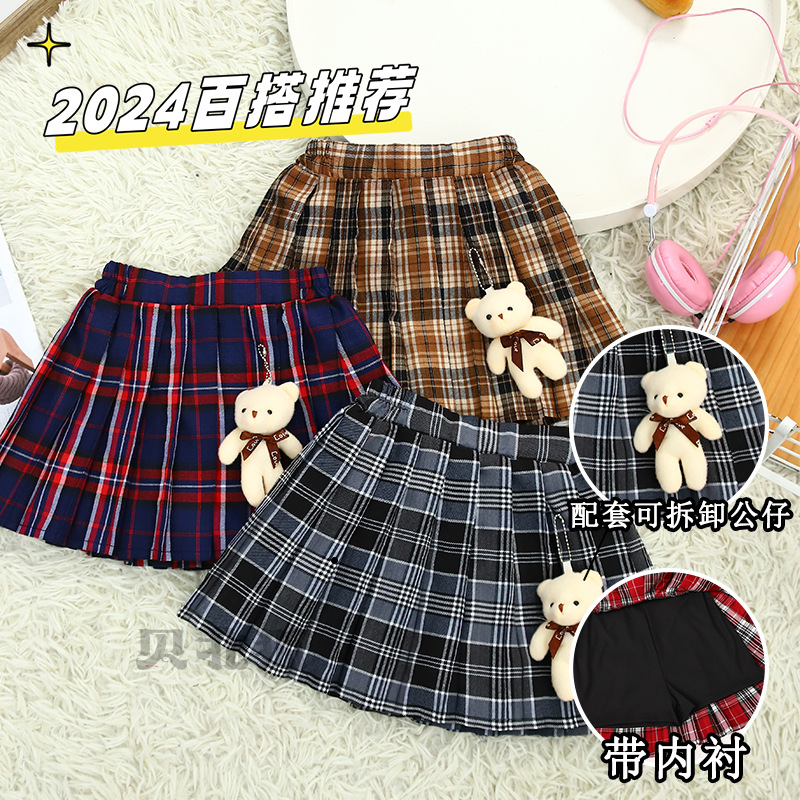 Girls' Skirt Summer Autumn Half-length Skirt New Pleated Skirt American British Retro College Style Short Skirt Children's Skirt