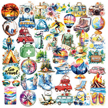 56张跨境新款水彩手绘风户外旅行透明pet贴纸创意DIY行李箱手账贴