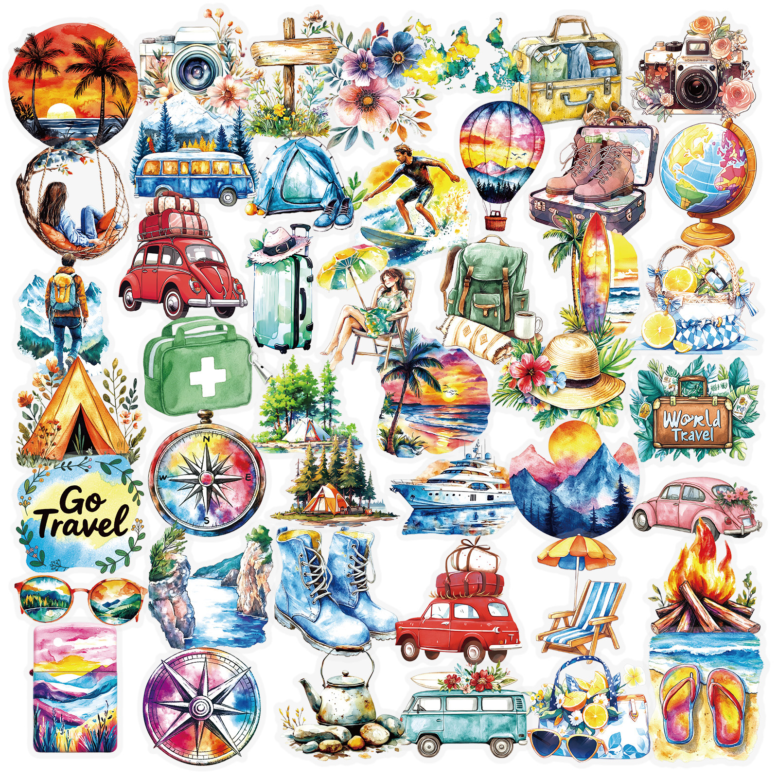 56张跨境新款水彩手绘风户外旅行透明pet贴纸创意DIY行李箱手账贴