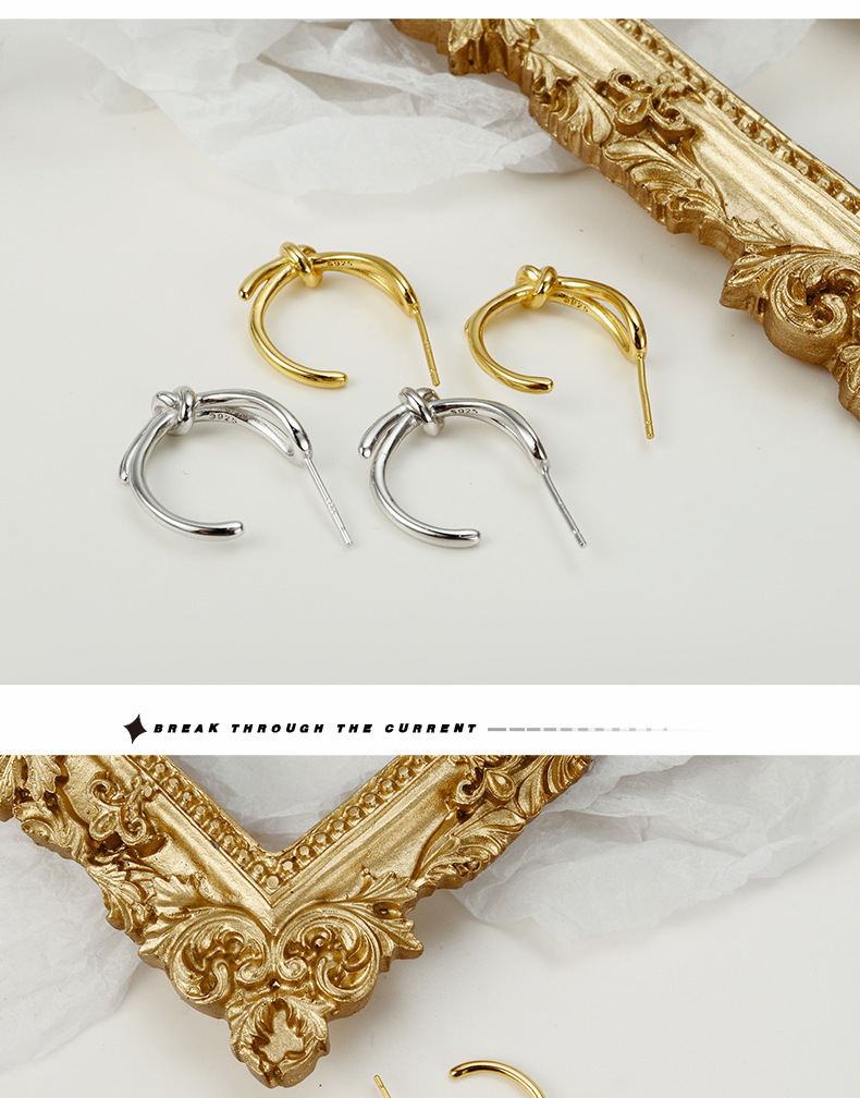 1 Par Estilo Simple Forma De C Nudo Plata Esterlina Pendientes display picture 2