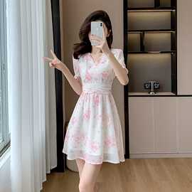 2026夏季新款女装洋气显瘦小个子碎花雪纺连衣裙短袖收腰a字裙子