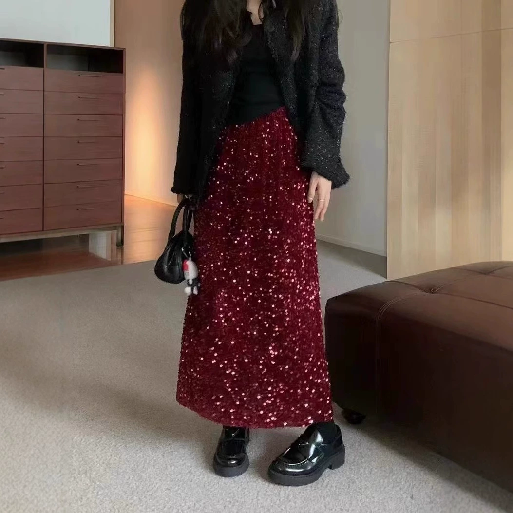 Большой размер новой весной и осенью 2025 года боковые разрезы с блестками бархатная юбка средней длины с высокой талией