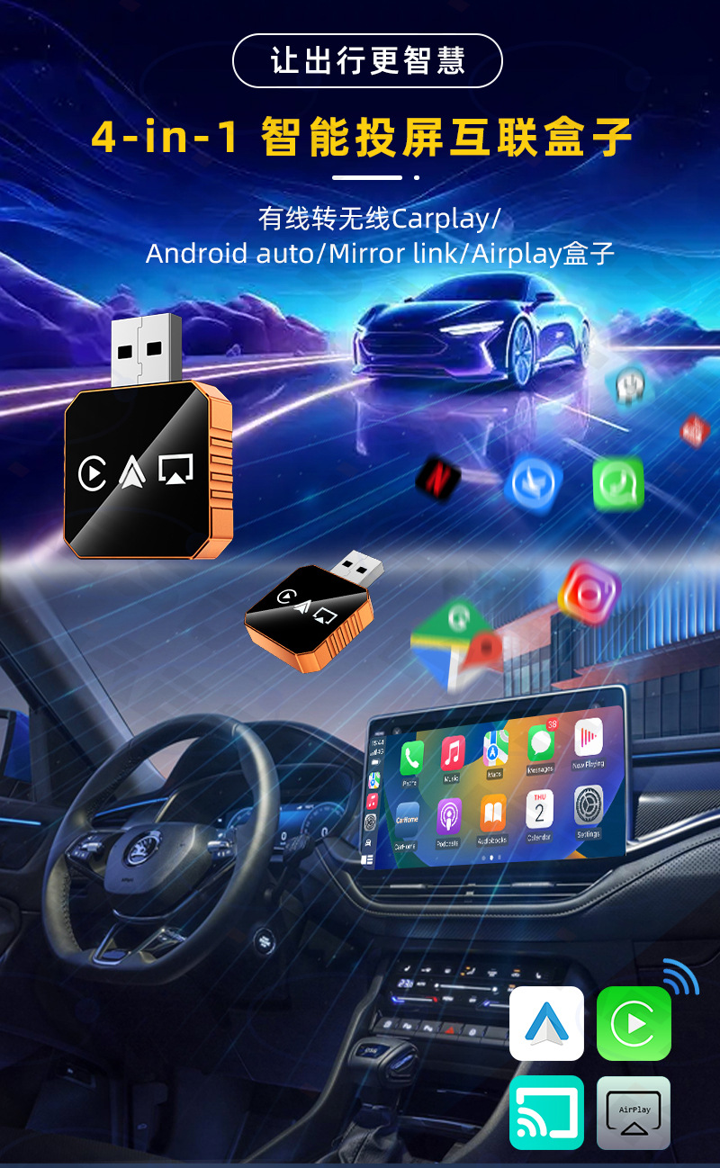 Cross-Border Applicable Apple Android Mirror Screen Projection 4-in-1 Wireless Car Connectivity Smart Reverse Control Carplay Box