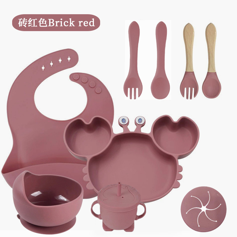 Tableware Crab 9-Piece Set Silicone Bib Food Bowl Baby Food Fork Spoon Dinner Plate Food-Grade Divided Plate