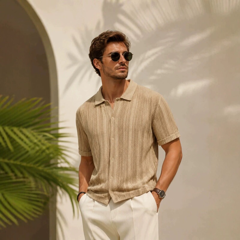 Hollow-Out Lapel Short-Sleeved Shirt for Men, Summer Breathable Thin Casual Shirt, Trendy Solid Color Mature Style Mesh Top