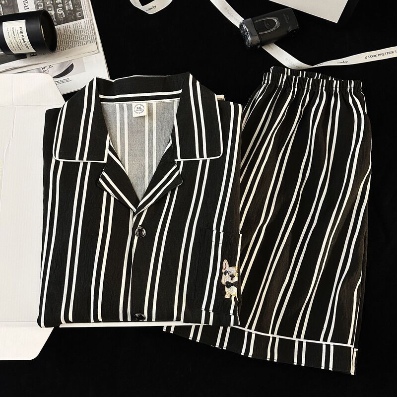 2025 New Men's Pajamas Summer Clouds Pure Cotton Yarn Short-sleeved Japanese Ins Puppy Striped Home Clothes suit