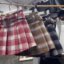 jk群女复古格子百褶裙毛呢秋冬高腰显瘦韩系a字半身裙学院小香风