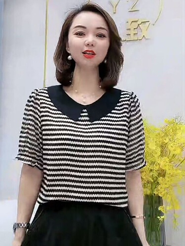 Summer new chiffon shirt for women, all-match striped doll collar, temperament, age-reducing loose belly-covering and slimming top for women