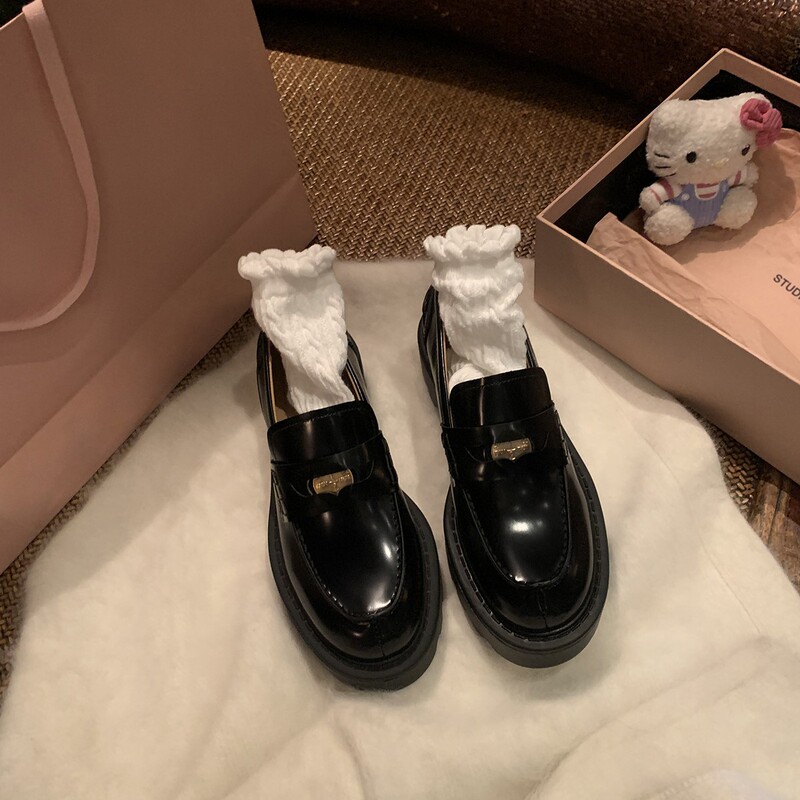 牛皮版葡萄妈同款气质小金币尖圆头粗跟一脚蹬乐福鞋女厚底小皮鞋|undefined