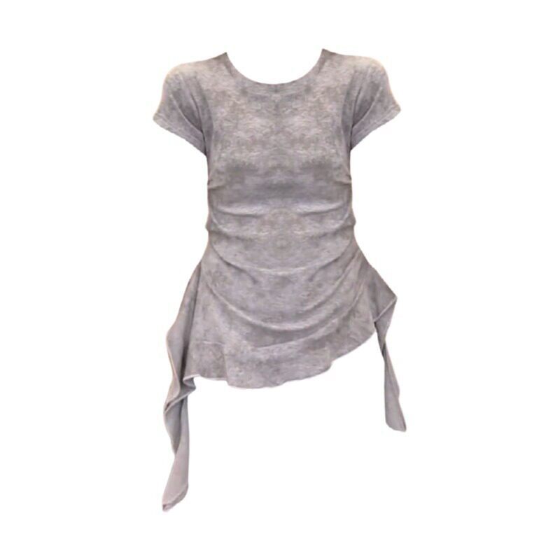 Áo thun nữ tay ngắn cổ tròn, phối dây rút eo, họa tiết tie-dye bất quy tắc — màu đen chi tiết 7