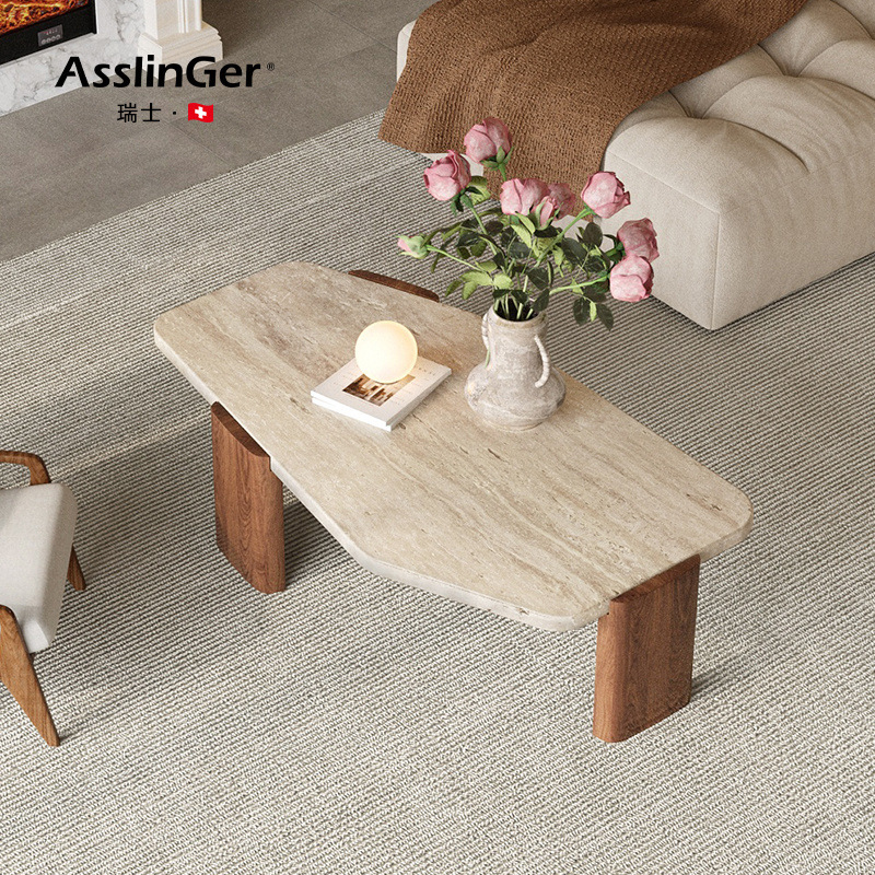 Wabi-Sabi Irregular Natural Travertine Solid Wood Coffee Table for Small Living Rooms, Mid-Century Designer Style, High-End Low Table for Guesthouses